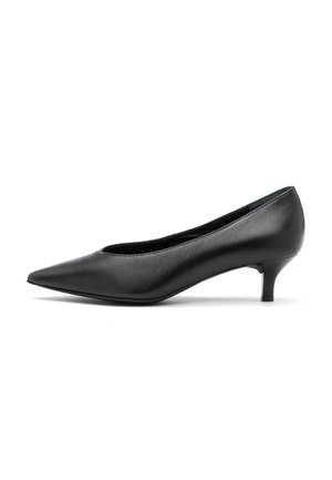 Black leather high-heeled pump with a pointed toe, a low kitten heel, and a smooth texture. Simple design without visible accents or patterns.