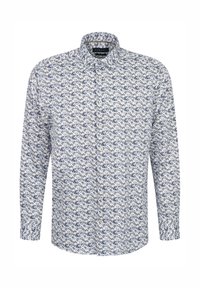 Langarmhemd aus weißem Stoff mit einem blauen und braunen Blumenmuster, Knopfkragen und Frontknöpfen.
