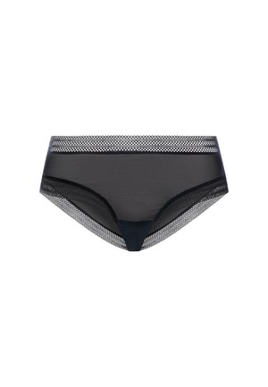 Czarne przezroczyste damskie bielizna z siateczkowym pasem i wykończeniami na nogawkach, ozdobiona falistym wzorem koronki na białym tle.