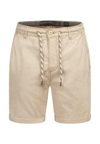 Beige shorts made of cotton with a drawstring waistband, featuring black and white checkered detailing, cuffed hems, and basic pockets.