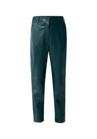 Teal leather pants with a smooth texture, featuring a standard waistband, belt loops, and straight leg design.