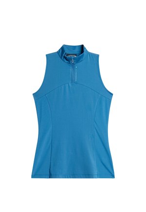Top sportivo blu con colletto alto,半 zip, pannelli testurizzati e cuciture piatte. Realizzato in tessuto traspirante.