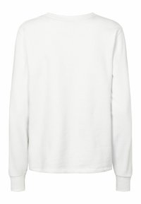 Biela dlhá košeľa s dlhým rukávom, okrúhlym výstrihom a rebrovanými manžetami. Hladká textúra, voľný strih, žiadne viditeľné logá ani vzory.