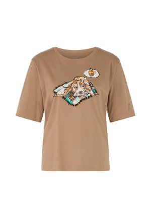 Brown cotton t-shirt featuring a graphic of a dog on a patterned blanket, with a thought bubble containing a tea cup illustration.