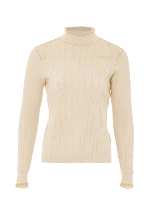 Cremfarbener, gerippter Langarm-Pullover mit Rollkragen, taillierter Passform, weichem Material und dezenten Nähten, die die Schultern und Bündchen betonen.