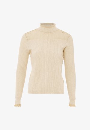 Tejbélelt, hosszú ujjú, tejfehér garbós pulóver, amely illeszkedő fazonú, puha tapintású, és diszkrét varrásokkal találkozik a vállaknál és a mandzsettáknál.