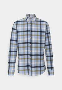 Flanellskjorta i ljusblått, mörkblått och olivgrönt rutmönster. Har långa ärmar, knappad krage och träknappar.
