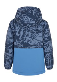 Blaue Kapuzenjacke mit einem gemusterten, dunkelblauen Oberteil, das grafische Elemente im Graffiti-Stil aufweist. Glatte Textur mit elastischen Bündchen.