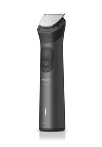 Rasoi Philips tutto-in-uno; corpo in plastica grigia, impugnatura texturizzata, lama in metallo argentato; uso bagnato e asciutto; pulsante di accensione con dettagli verdi.