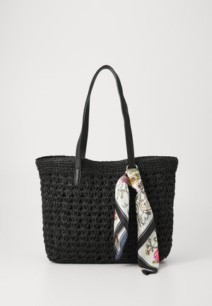 Borsa tote nera intrecciata con finitura strutturata e doppi manici in pelle nera. Attaccato un foulard di seta con motivo floreale come decorazione.