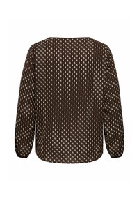 Blouse marron à manches longues avec motif de traits diagonaux blancs, col rond et poignets élastiques, vue de dos sur fond blanc.