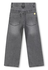 Pantaloni in denim grigio con design a gamba dritta, dotati di due tasche posteriori e di una piccola etichetta con logo sulla tasca destra.