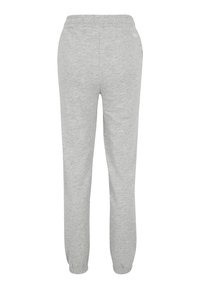 Grijze sweatpants met een elastische tailleband en enkelmanchetten. Gemaakt van zachte stof, met een gladde textuur en een eenvoudig ontwerp.