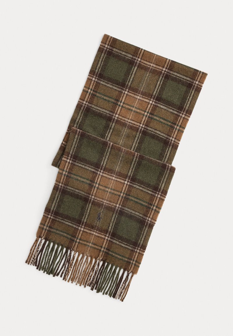 Écharpe en laine à motifs tartan dans des teintes de vert, marron et beige, avec des bords frangés et une texture douce.