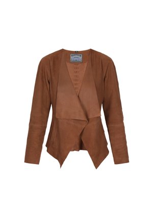 Giacca in pelle marrone con un fronte drappeggiato, maniche lunghe e una texture liscia. Presenta un collo rotondo e dettagli interni sottili.