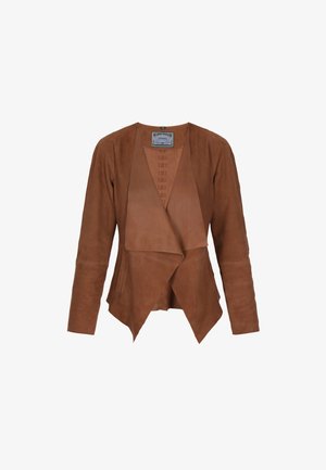 Bruine leren jas met een gedrapeerde voorkant, lange mouwen en een gladde textuur. Heeft een ronde halslijn en subtiele binnenafwerking.