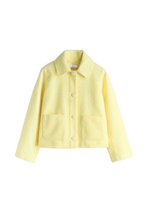 Giovane donna che indossa una giacca giallo pallido con bottoni, top a righe, jeans scuri a gamba larga e scarpe beige, in piedi davanti a uno sfondo grigio.