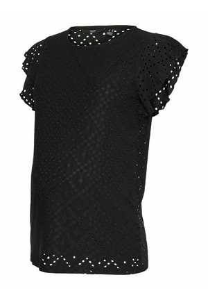 Black top with a textured floral pattern, featuring short ruffled sleeves and a round neckline. The fabric has perforations and a scalloped hem.
