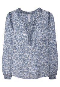 Blusa a maniche lunghe in tessuto leggero con motivo floreale blu su sfondo bianco, dotata di scollatura a V e polsini arricciati.