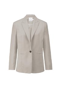 Helle beige maßgeschneiderte Blazerjacke aus einem glatten Stoff. Verfügt über einen reversierten Kragen, einen Knopfverschluss und zwei Fronttaschen.