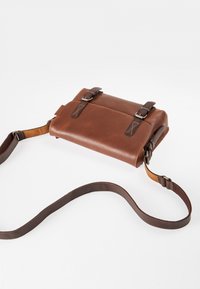 Borsa a tracolla in pelle marrone con due cinturini frontali, forma arrotondata e texture liscia. Presenta una tracolla staccabile per maggiore versatilità.