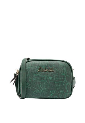 Borsa a tracolla verde realizzata in materiale sintetico, con motivi a tema viaggio in rilievo, logo tono oro e tracolla regolabile.