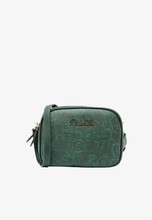 Borsa a tracolla verde realizzata in materiale sintetico, con motivi a tema viaggio in rilievo, logo tono oro e tracolla regolabile.