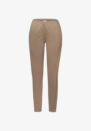 Lichtbruine taps toelopende broek gemaakt van een zachte, rekbare stof. Voorzien van een elastische tailleband en zonder zichtbare zakken. Gladde textuur overal.