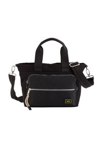 Sort tote bag med dobbelte håndtag, justerbar skulderrem, frontlomme med lynlås, tekstureret stof og gult logo.