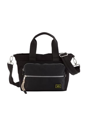 Black tote bag with dual handles, adjustable shoulder strap, front zip pocket, textured fabric, and yellow logo detail.