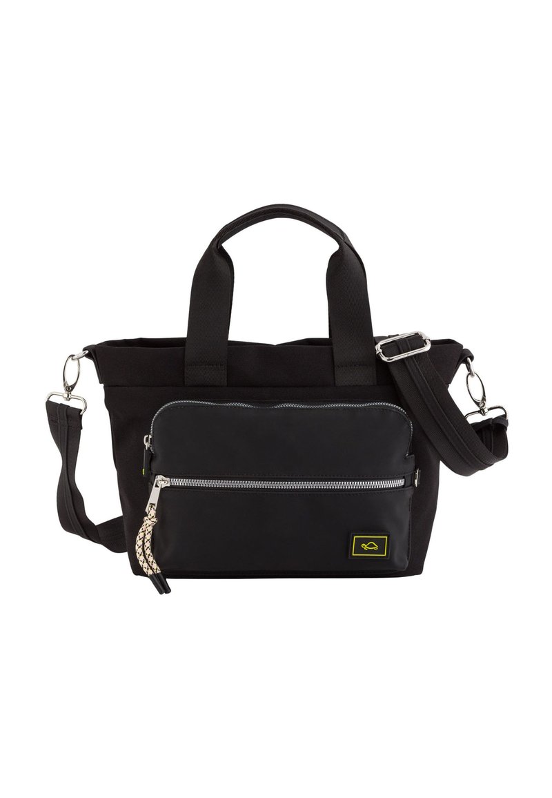 Sort tote bag med dobbelte håndtag, justerbar skulderrem, frontlomme med lynlås, tekstureret stof og gult logo.