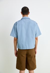 Lys blå kortermet skjorte med rett snitt, parret med brune cargoshorts med sidelommer og en avslappet passform.