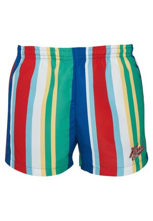 Daugiakampės plaukimo šortai su vertikaliomis raudonos, mėlynos, žalios, geltonos ir baltos spalvų juostomis. Elastingas juosmuo su siuvinėtu logotipu.