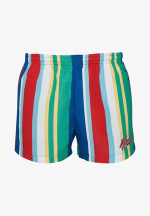 Bunt gestreifte Badehose mit vertikalen Streifen in Rot, Blau, Grün, Gelb und Weiß. Elastischer Bund mit eingesticktem Logo.