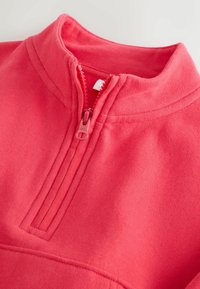 Pull-over en polaire corail avec un design à demi-fermeture éclair. Texture douce, col haut et tirette de fermeture assortie. Couture nette et pas de motifs visibles.
