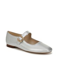 Silver leather flat shoe with a pointed toe, single strap and gold buckle detail, and a low wooden heel. Smooth texture, minimalist design.