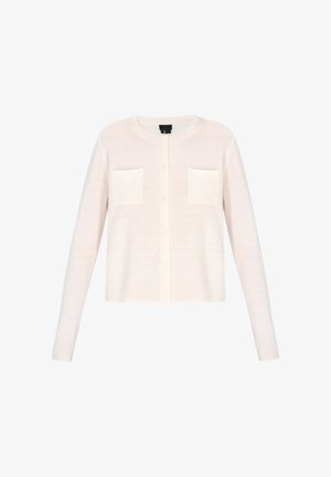 Kremowy kardigan wykonany z miękkiego materiału, z okrągłym dekoltem, długimi rękawami, dwiema przednimi kieszeniami i zapięciem na guziki.