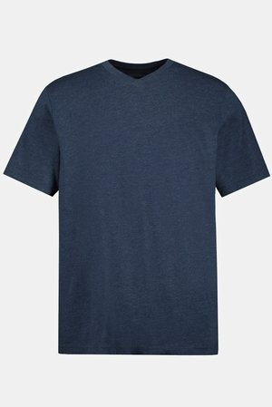 Marineblauwe T-shirt met korte mouwen en V-hals, gemaakt van zachte stof, met een eenvoudig ontwerp zonder zichtbare patronen of accenten.