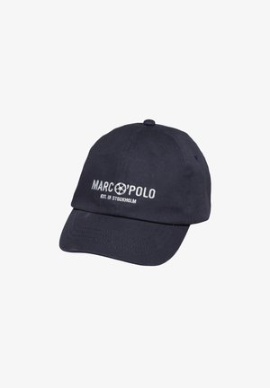 Granatowa czapka z daszkiem z haftem "MARC O'POLO EST. IN STOCKHOLM" w białym kolorze na przednim panelu.