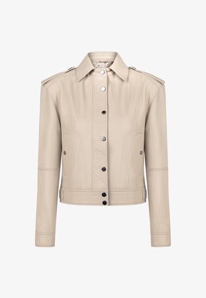 Beige kunstlæderjakke med krave, frontlukning med knapper, skrå sømdetaljer og skulderepauletter.