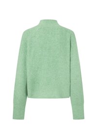 Groene geribde trui met hoge kraag, cropped ontwerp en lange mouwen. Gemaakt van een zachte stof, met een consistent patroon.