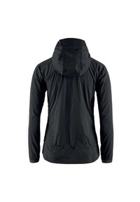 Veste légère noire avec capuche, manches longues et coupe décontractée. Tissu lisse sans fermetures ni embellissements visibles.