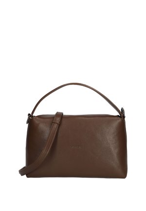 Bruine rechthoekige leren handtas met korte handgreep en verstelbare schouderriem, minimalistisch ontwerp en subtiele geperste merknaam.