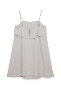 Abito senza maniche grigio chiaro con una silhouette svasata, caratterizzato da un corpetto arricciato e una zip centrale sul retro. Tessuto morbido con una sottile trama.
