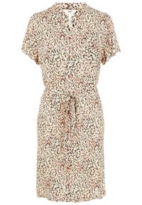 Robe à manches courtes boutonnée en tissu léger, présentant un motif moucheté aux tons crème, noir et rouge. Comprend une ceinture nouée à la taille et une poche.