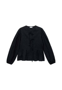 Crna bluzica s dugim rukavima, teksturirana tkanina, naborani donji rub i detalj s vezicom na dekolteu. Ima male, ravnomjerno raspoređene svijetle akcentne dijelove.