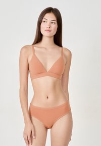 Lekki, bezszwowy zestaw bielizny w ciepłym kolorze terakoty. Składa się z biustonosza w kształcie trójkąta z cienkimi ramiączkami oraz dopasowanych wysokich majtek.