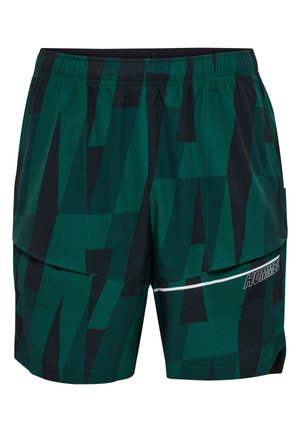 Groene shorts met een geometrisch patroon en zwarte accenten, elastische tailleband en een logo aan de voorkant. Inclusief twee zijzakken.