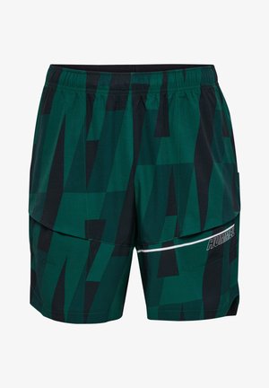 Gröna mönstrade shorts med en geometrisk design och svarta accenter, elastisk midja och en logotyp på framsidan. Två sidofickor ingår.