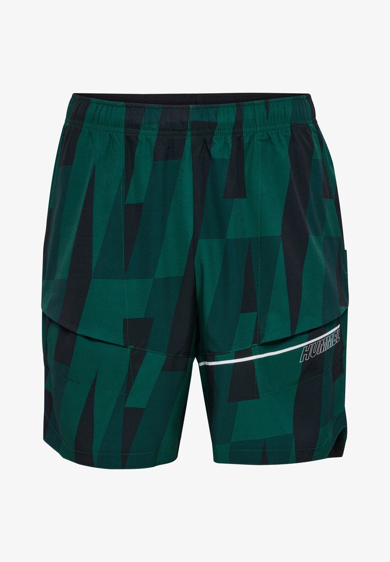 Zielone szorty w wzory z geomatycznym designem, czarnymi akcentami, elastycznym pasem i logiem z przodu. Zawierają dwie boczne kieszenie.